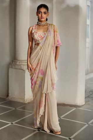 Paulmi And Harsh Ruffle Printed Pre-Draped Saree With Blouse 
