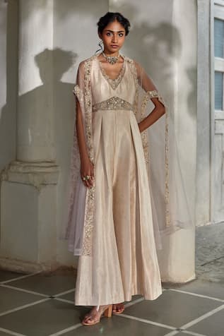 Paulmi And Harsh Flower Woven Jumpsuit With Cape 