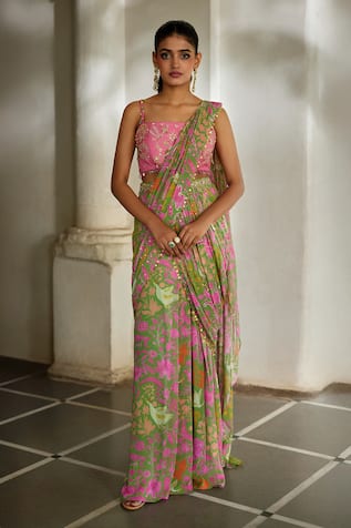 Paulmi And Harsh Floral Print Pre-Draped Saree With Blouse 