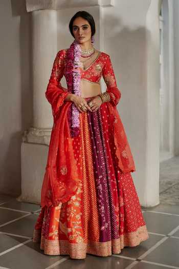 Paulmi And Harsh Colorblock Embroidered 16 Kali Lehenga Set 