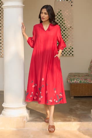 Vaayu Cherry Red Pintuck Dress