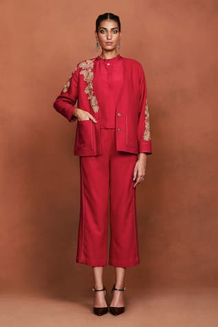 Sue Mue Omi Floral Embroidered Jacket & Pant Set 