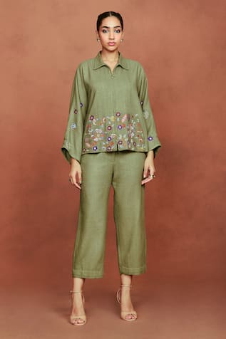 Sue Mue Jin Floral Embroidered Shirt & Pant Set 