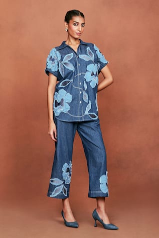 Sue Mue Ruba Floral Applique Shirt & Pant Set 