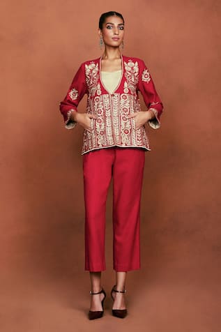 Sue Mue Lipi Floral Embroidered Jacket & Pant Set 