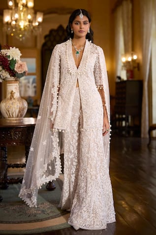 Seema Gujral White Sequin Embroidered Jacket Sharara Set 