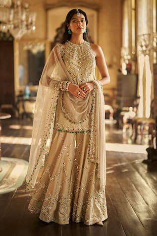 Seema Gujral Champagne Emerald Crystal Embroidered Sharara Set 