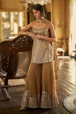 Seema Gujral Antique Gold Mirror Embroidered Kurta Sharara Set 