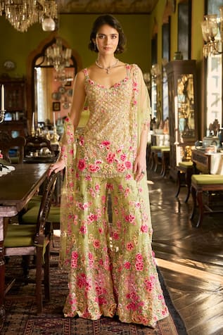 Seema Gujral Leaf Green Three-Dimensional Embroidered Sharara Set 