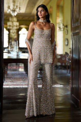 Seema Gujral Silver Gold Crystal Embroidered Kurta Pant Set 