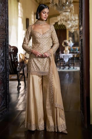 Seema Gujral Gold Crystal Embroidered Kurta Sharara Set 