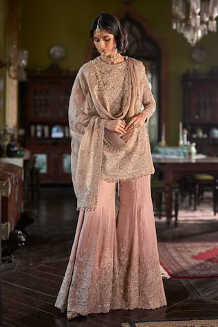 Seema Gujral Peach Gold Embroidered Kurta Sharara Set 