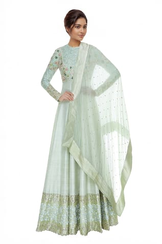 Blue Lotus Design Embroidered yoke anarkali kurta with banarasi dupatta 