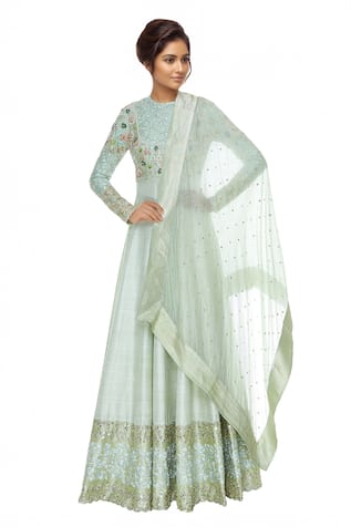 Blue Lotus Design Embroidered yoke anarkali kurta with banarasi dupatta 