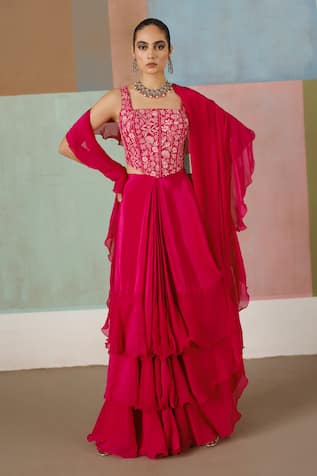 Mishru Nica Embroidered Corset Blouse With Pre-Draped Saree 