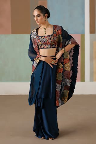 Mishru Lea Floral Embroidered Cape Draped Skirt Set 