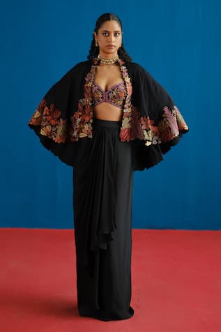 Mishru Marielle Floral Embroidered Cape Draped Skirt Set 