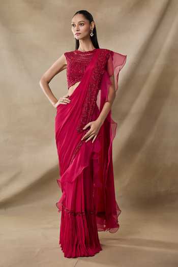 Awigna Errinyes 3D Floral Embroidered Pre-Draped Saree With Blouse 