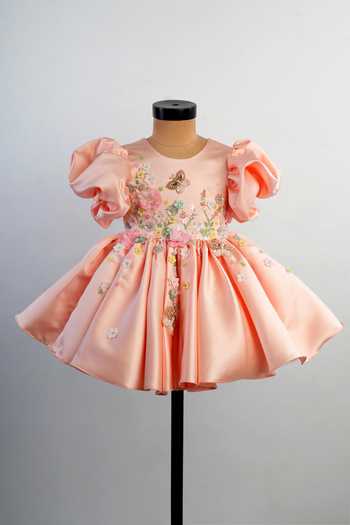 Lil Angels Floral Butterfly Embroidered Puff Sleeve Dress 