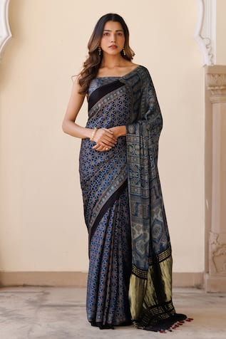 Geroo Jaipur Hand Block Print Saree With Unstitched Blouse Piece 