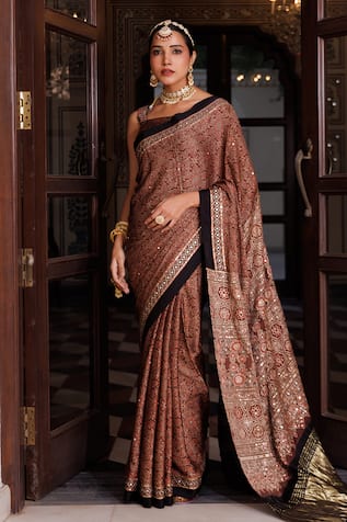Geroo Jaipur Ajrakh Print Saree With Unstitched Blouse Piece 