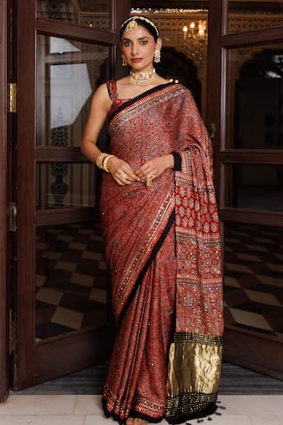 Geroo Jaipur Maroon Ajrakh Saree With Unstitched Blouse Piece 