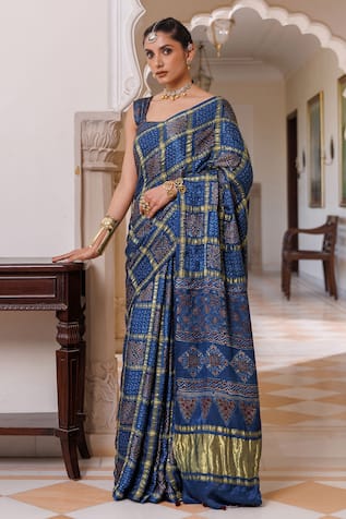Geroo Jaipur Ajrakh Print Saree With Unstitched Blouse Piece 