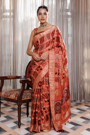 Geroo Jaipur Ajrakh Pattern Saree With Unstitched Blouse Piece 