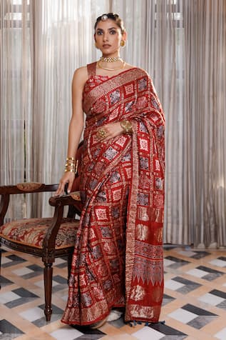 Geroo Jaipur Ajrakh Pattern Saree With Unstitched Blouse Piece 