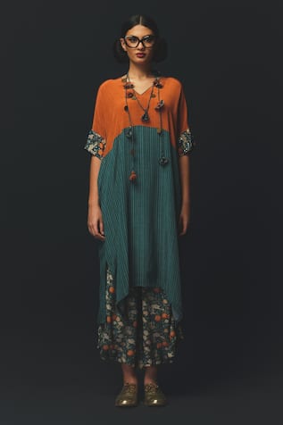 Basil Leaf Color Block Striped Kurta & Dhoti Pant Set 