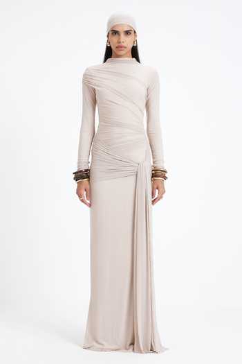 Deme By Gabriella Denise Ruched Tie-Up High Neck Maxi Dress 