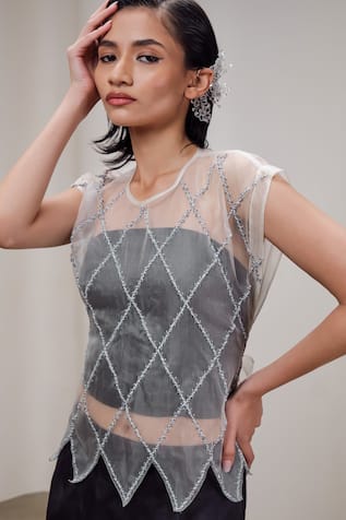 The Right Cut Symmetry Blanc Organza Geometric Embroidered Top 