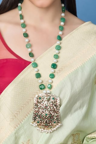 Queens Jewels Green Pearl Multicolour Jadau Pendant Necklace 