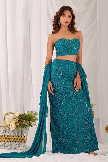 Damoiselle Aqua Serene Embroidered Pencil Skirt Set 