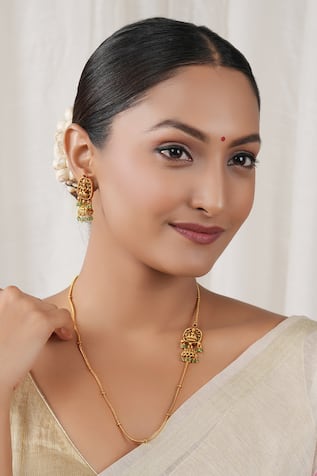 SMARS JEWELRY Maa Lakshmi Carved Brooch Antique Temple Necklace Set 