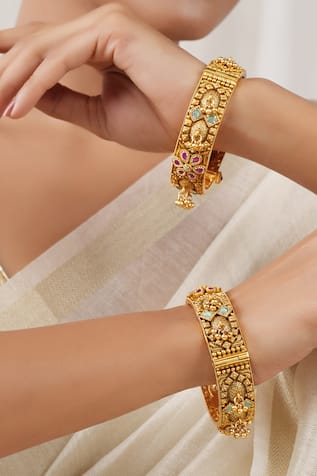 SMARS JEWELRY Antique Carved Stone Embellished Kadas - Set of 2 