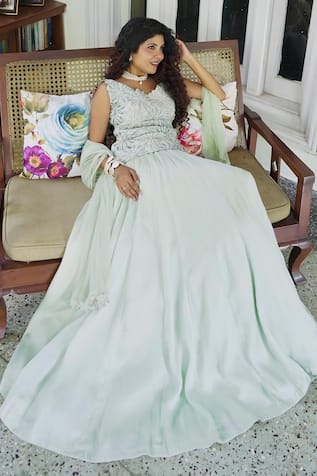 Shreeka Crystal Floral Embroidered Kurta Skirt Set 