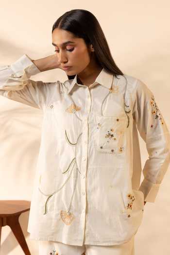 OurDve Apricot Floral Embroidered Shirt 