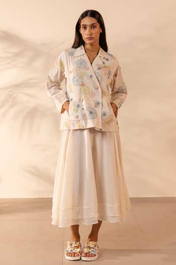 OurDve Lush Hand Appliqued Jacket & Skirt Set 