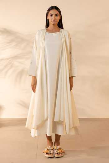 OurDve Saffron Sky Sleeveless Dress With Shrug 