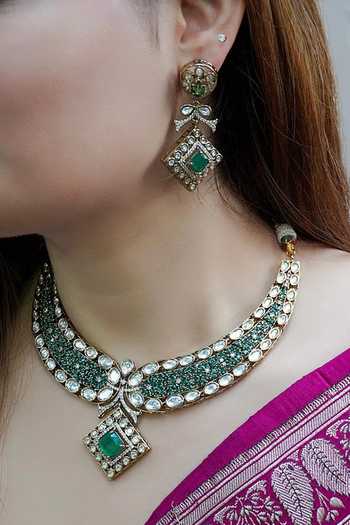 Prestones Rajwada Kundan Green Zircon Necklace & Earrings 