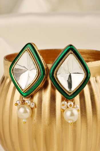 Prestones Uncut Polki Enamel Pearl Drop Earrings 