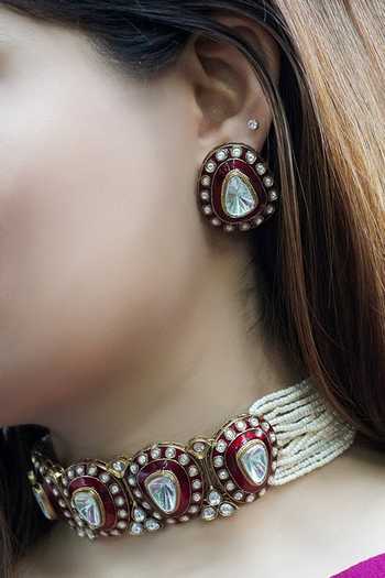 Prestones Rajwada Polki Motif Multi-strand Pearl Necklace Set 
