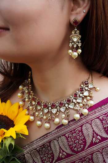 Prestones Ruby Polki Zircon Pearl Necklace & Earring Set 