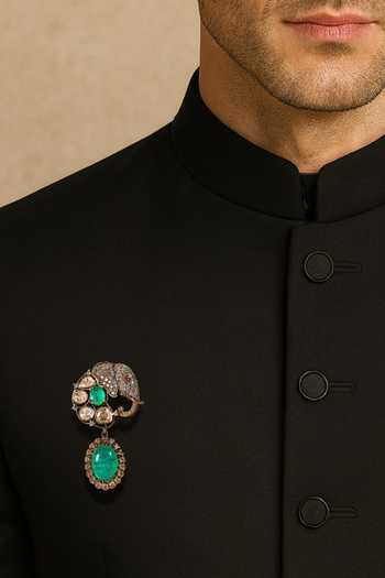 Prestones Elephant Motif Polki Brooch with Emerald Drop 