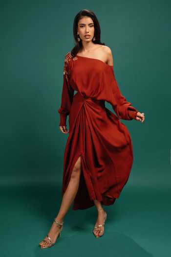 Style Junkiie Rust Spotted Wrap Georgette Dress 