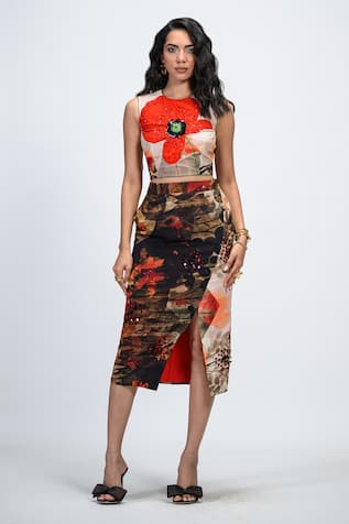 The Dramebaaz CO Mocha Floral Print Slit Skirt 