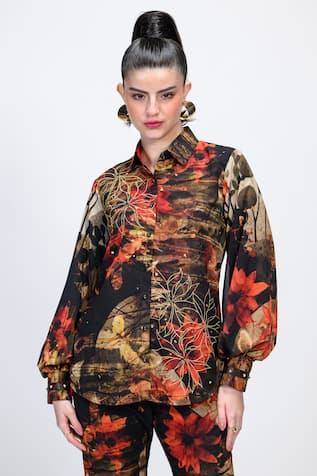 The Dramebaaz CO Caramel Floral Embroidered Shirt 