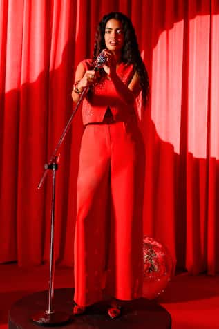 The Dramebaaz CO Ruby Sequin Embroidered Top & Pant Set 