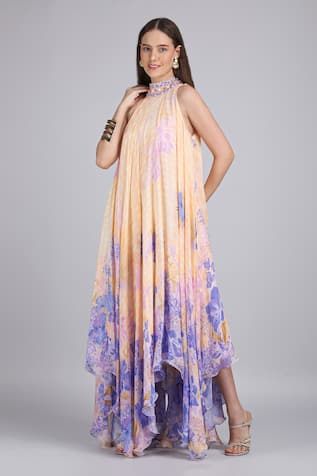 Mandira Wirk Denser Duo Corsage Placement Print High Low Dress 